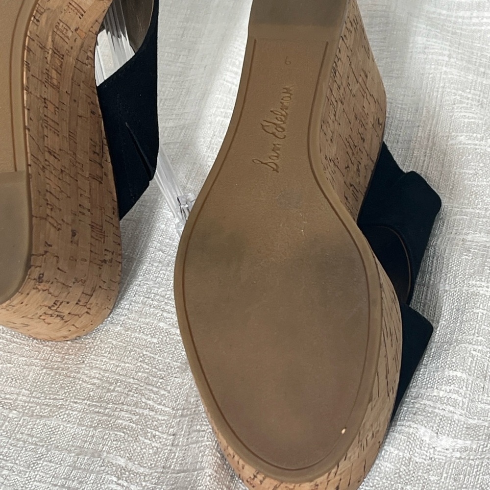 Sam Edelman Darlene Slip On Sandles Cork Look Platform Black Suede Upper Sz 9 - Picture 11 of 16